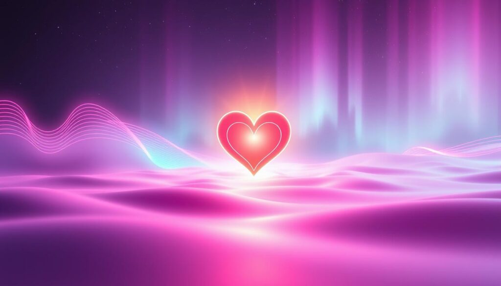 A serene and abstract scene depicting the essence of the 528 Hz love frequency as a visual representation of healing and support for heartbreak. In the foreground, soft, glowing soundwaves ripple gently in radiant neon colors of pink, turquoise, and violet, symbolizing emotional restoration. The middle ground features a stylized heart fractal, emanating a soothing light, surrounded by gentle floral motifs that enhance a sense of renewal. In the background, a dreamy ethereal landscape with a glowing aurora-like sky provides a calming ambiance, suggesting tranquility and hope. Utilize soft, diffused lighting to create a warm, inviting atmosphere, captured from a slightly elevated angle to emphasize the heart's prominent position in the composition. The overall mood is uplifting and comforting, appealing to a Gen Z audience seeking emotional solace.