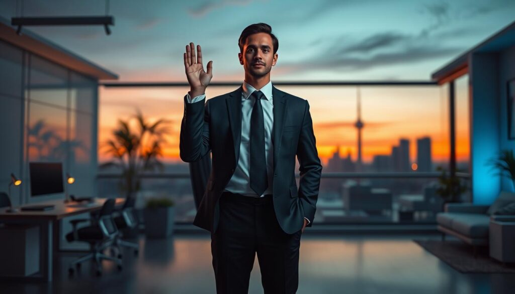 A serene and balanced scene depicting the concept of law polarity in work and life. In the foreground, a professional individual in smart business attire stands confidently with one hand raised, symbolizing achievement, while the other hand reaches down, representing grounding in personal life. The middle ground features a harmonious blend of a modern office setting on one side and a tranquil home environment on the other, illuminated by soft neon colors creating a dreamcore atmosphere. The background showcases a sunset skyline, balancing the contrast between work and home life. Use soft lighting to create a calming and inspiring mood, captured from a slightly elevated angle to give a sense of perspective and depth. Emphasize a sense of unity and equilibrium, showcasing the journey of personal growth and balance.