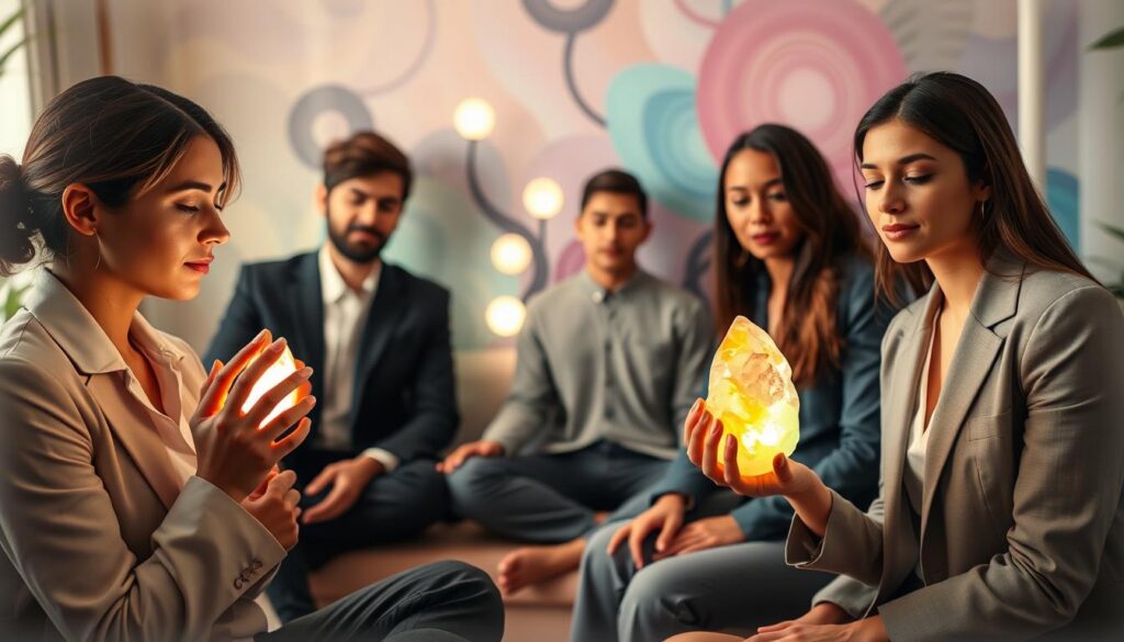 A serene and calming scene depicting mental grounding techniques for manifestation anxiety, featuring a diverse group of young adults, dressed in professional business attire, sitting in a cozy, well-lit room. In the foreground, one person is holding a glowing, neon-colored crystal, focusing intently on it. In the middle, another individual is meditating, surrounded by softly glowing orbs of light representing mental anchors. The background showcases a vibrant mural with abstract patterns in dreamcore style, incorporating soothing pastel neon colors. Soft, diffused lighting enhances the peaceful atmosphere, while the image is framed with a slightly blurred vignette effect, drawing attention to the grounding practice. The overall mood is calm, introspective, and centered, embodying the essence of using mental anchors to shift attention.