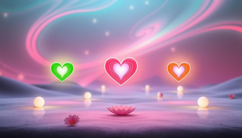 A serene and captivating image featuring balanced Anahata signs, displayed in a visually striking composition. In the foreground, three harmonious heart symbols float gently, each radiating vibrant hues of green and pink, symbolizing love and compassion. The middle ground showcases a tranquil setting with soft glowing orbs and subtle floral motifs that enhance the heart chakra theme. The background features a dreamy, abstract landscape with swirling neon colors reminiscent of the Dreamcore aesthetic, creating an ethereal atmosphere. Utilize soft, diffused lighting to create a calming effect, and consider a slightly elevated angle to capture the depth of the composition. The overall mood is uplifting and inspiring, ideal for conveying balance and openness while inviting viewers into a space of love and connection. A serene and captivating image featuring balanced Anahata signs, displayed in a visually striking composition. In the foreground, three harmonious heart symbols float gently, each radiating vibrant hues of green and pink, symbolizing love and compassion. The middle ground showcases a tranquil setting with soft glowing orbs and subtle floral motifs that enhance the heart chakra theme. The background features a dreamy, abstract landscape with swirling neon colors reminiscent of the Dreamcore aesthetic, creating an ethereal atmosphere. Utilize soft, diffused lighting to create a calming effect, and consider a slightly elevated angle to capture the depth of the composition. The overall mood is uplifting and inspiring, ideal for conveying balance and openness while inviting viewers into a space of love and connection.