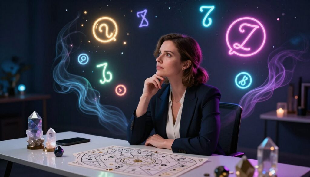 A serene and captivating scene centered around the concept of master intuition in numerology, featuring a Caucasian woman in stylish, professional attire, seated at a sleek, modern desk adorned with crystals and numerology charts. Her expression is one of deep contemplation as she gazes thoughtfully at glowing numerological symbols hovering around her, illuminated in vibrant neon colors against a dark, dreamlike background. Surrounding her are ethereal wisps of light, symbolizing insight and intuition. The lighting is soft yet dramatic, creating a mystical atmosphere, as if the room is infused with a subtle cosmic energy. The perspective is slightly tilted from above, providing a sense of depth and immersion in this intriguing world of numerology. A serene and captivating scene centered around the concept of master intuition in numerology, featuring a Caucasian woman in stylish, professional attire, seated at a sleek, modern desk adorned with crystals and numerology charts. Her expression is one of deep contemplation as she gazes thoughtfully at glowing numerological symbols hovering around her, illuminated in vibrant neon colors against a dark, dreamlike background. Surrounding her are ethereal wisps of light, symbolizing insight and intuition. The lighting is soft yet dramatic, creating a mystical atmosphere, as if the room is infused with a subtle cosmic energy. The perspective is slightly tilted from above, providing a sense of depth and immersion in this intriguing world of numerology.