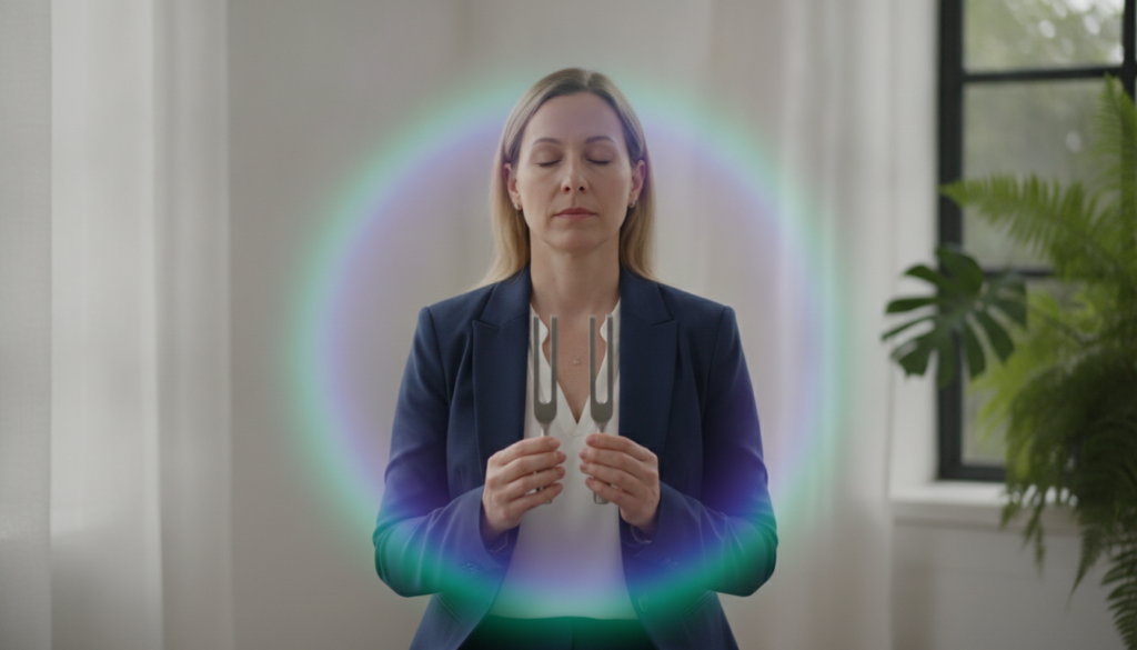 A serene and captivating scene of a person engaged in a three-minute aura sound practice with tuning forks. In the foreground, a Caucasian adult dressed in professional business attire, focused and relaxed, holds two glowing tuning forks. The middle ground features a softly illuminated aura around the individual, radiating a spectrum of calming neon colors like blue, purple, and green. In the background, a tranquil, minimalist room with soft ambient lighting and a hint of lush plants can be seen, creating a peaceful atmosphere. The lighting is soft and ethereal, providing a dreamlike quality, with a lens focusing closely on the tuning forks and the serene expression on the person's face. The overall mood conveys tranquility, balance, and healing energy. A serene and captivating scene of a person engaged in a three-minute aura sound practice with tuning forks. In the foreground, a Caucasian adult dressed in professional business attire, focused and relaxed, holds two glowing tuning forks. The middle ground features a softly illuminated aura around the individual, radiating a spectrum of calming neon colors like blue, purple, and green. In the background, a tranquil, minimalist room with soft ambient lighting and a hint of lush plants can be seen, creating a peaceful atmosphere. The lighting is soft and ethereal, providing a dreamlike quality, with a lens focusing closely on the tuning forks and the serene expression on the person's face. The overall mood conveys tranquility, balance, and healing energy.