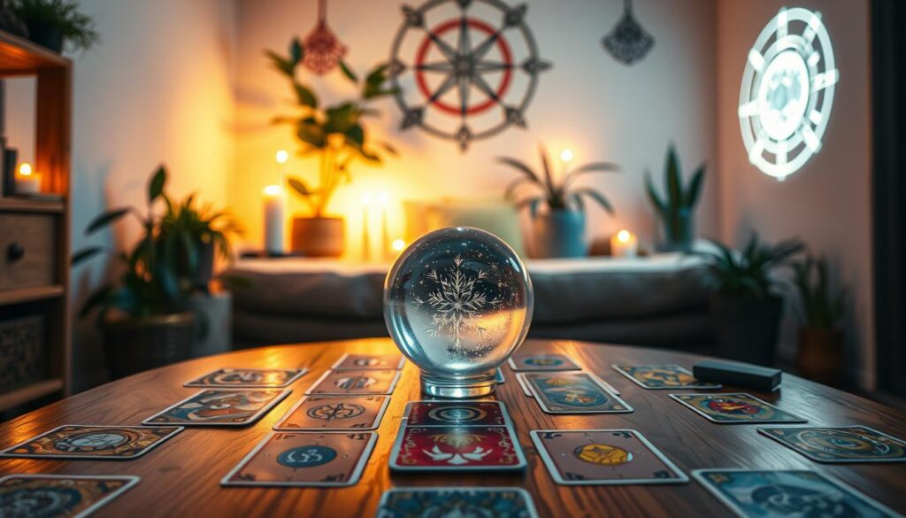 A serene and contemplative scene illustrating a daily tarot practice for spiritual guidance. In the foreground, a beautifully adorned wooden table is spread with an array of colorful tarot cards, each displaying intricate and mystical designs. A delicate crystal orb sits at the center, reflecting soft, ambient light that casts sparkling shadows. The middle ground features a cozy corner with plants and candles creating a warm, inviting atmosphere, illuminated by gentle, neon hues reminiscent of dreamcore aesthetics. In the background, a softly illuminated wall adorned with astrological symbols harmonizes with the mood. The overall lighting is soft and ethereal, enhancing the peaceful and spiritual ambiance, suitable for an adult Gen Z audience. Capture a sense of introspection and vibrational energy through the composition and color palette.