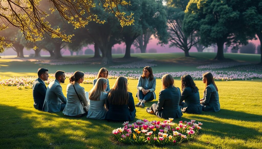 A serene and contemplative scene illustrating the concept of forgiveness central to "A Course In Miracles." In the foreground, a diverse group of individuals, dressed in professional business attire, sits in a circle on a lush green lawn, engaged in a deep conversation. Their faces reflect a mix of empathy and understanding, creating an atmosphere of acceptance and healing. The middle ground features soft, colorful flowers, symbolizing regeneration and growth, as gentle rays of sunlight filter through the branches of nearby trees. In the background, an abstract dreamcore landscape with neon colors blends seamlessly, conveying a sense of transformation and enlightenment. The overall mood is calm and uplifting, captured with a slightly elevated angle and soft focus lens, enhancing the atmosphere of connection and introspection. A serene and contemplative scene illustrating the concept of forgiveness central to "A Course In Miracles." In the foreground, a diverse group of individuals, dressed in professional business attire, sits in a circle on a lush green lawn, engaged in a deep conversation. Their faces reflect a mix of empathy and understanding, creating an atmosphere of acceptance and healing. The middle ground features soft, colorful flowers, symbolizing regeneration and growth, as gentle rays of sunlight filter through the branches of nearby trees. In the background, an abstract dreamcore landscape with neon colors blends seamlessly, conveying a sense of transformation and enlightenment. The overall mood is calm and uplifting, captured with a slightly elevated angle and soft focus lens, enhancing the atmosphere of connection and introspection.