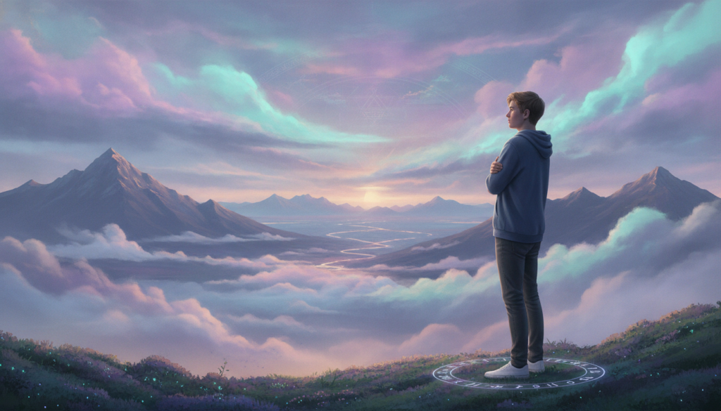 A serene and contemplative scene representing safe reality shifting and grounding. In the foreground, a young Caucasian adult dressed in modest casual clothing stands with their arms gently crossed, their expression thoughtful and calm. The middle layer features a dreamy landscape with soft, ethereal floating clouds and gentle neon colors, blending shades of lavender, teal, and pink, evoking a sense of tranquility. In the background, a distant mountain range glows subtly under a twilight sky, enhancing the atmosphere of peaceful reflection. The lighting is soft and diffused, creating an inviting ambiance. The overall mood is one of safety, mindfulness, and connection to the present moment, free from distractions and disassociation. The composition uses a slightly elevated angle to capture the vastness of the landscape while keeping the subject grounded. A serene and contemplative scene representing safe reality shifting and grounding. In the foreground, a young Caucasian adult dressed in modest casual clothing stands with their arms gently crossed, their expression thoughtful and calm. The middle layer features a dreamy landscape with soft, ethereal floating clouds and gentle neon colors, blending shades of lavender, teal, and pink, evoking a sense of tranquility. In the background, a distant mountain range glows subtly under a twilight sky, enhancing the atmosphere of peaceful reflection. The lighting is soft and diffused, creating an inviting ambiance. The overall mood is one of safety, mindfulness, and connection to the present moment, free from distractions and disassociation. The composition uses a slightly elevated angle to capture the vastness of the landscape while keeping the subject grounded.