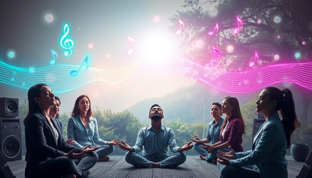 A serene and dreamy atmosphere depicting the concept of "frequency music benefits." In the foreground, a group of diverse individuals in professional attire practice mindfulness, with closed eyes and serene expressions, as they sit in a tranquil setting surrounded by colorful sound waves emanating from vintage speakers. The middle ground features softly glowing Solfeggio frequency symbols intermingling with swirling musical notes, in vibrant neon colors like aqua and magenta. In the background, a softly lit abstract representation of sound waves and harmonious patterns flows through a tranquil nature scene, adorned with ethereal elements like gentle mist and light orbs. The lighting is soft and ambient, creating a calm and inspirational mood that invites connection and healing through frequency music. The overall composition should feel captivating, modern, and conducive to relaxation and rejuvenation.