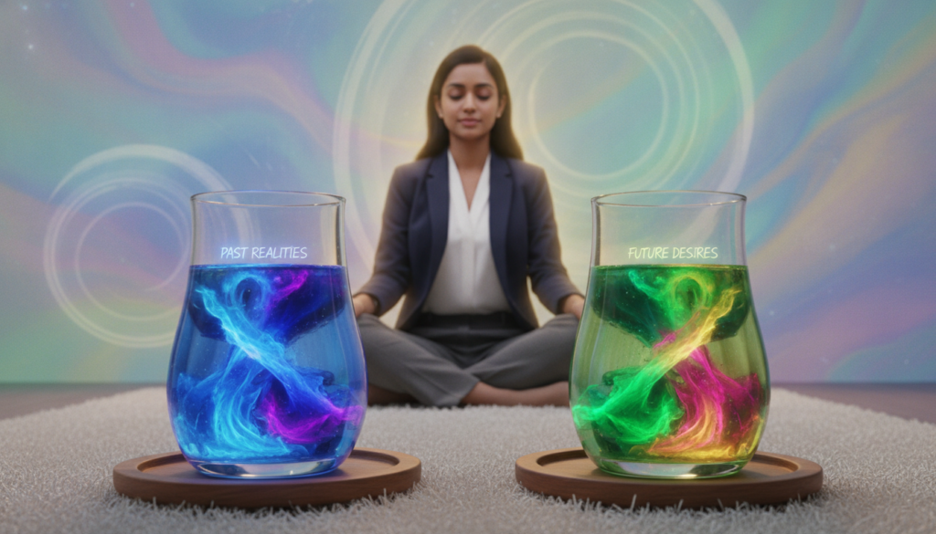 A serene and dreamy setting depicting the "two glass method" for current reality manifestation. In the foreground, two elegant glass tumblers filled with luminous, swirling neon liquids, one representing past realities and the other future desires. In the middle ground, a young adult woman in professional business attire sits cross-legged on a plush rug, with an aura of calmness and focus, gazing thoughtfully at the glasses. Soft, ethereal lighting casts a gentle glow, enhancing the vibrant colors of the liquids. In the background, abstract shapes and patterns swirl in dreamlike tones, creating a sense of depth and introspection. The overall mood is peaceful and inspiring, inviting the viewer to embrace the transformative potential of this practice.
