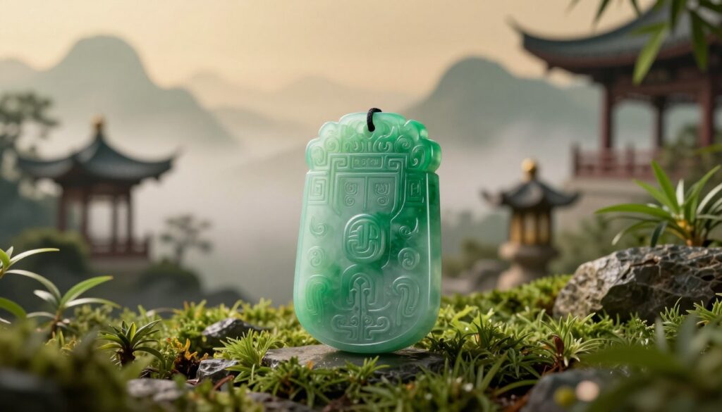 A serene and elegant scene illustrating the cultural meaning of jade, featuring a beautifully crafted jade artifact, such as a traditional jade pendant intricately carved with ancient symbols, displayed prominently in the foreground. Surround the artifact with lush jade green plants and soft, atmospheric lighting that enhances the rich hues of the jade. In the middle ground, include subtle elements of traditional East Asian architecture, like a pagoda or a lantern, hinting at the historical significance of jade in various cultures. The background should feature soft, blurred silhouettes of distant mountains shrouded in mist, creating a tranquil atmosphere. Use a warm, inviting color palette accented with neon highlights for a modern touch, suggesting harmony and prosperity. Capture the scene with a shallow depth of field for a dreamy effect.