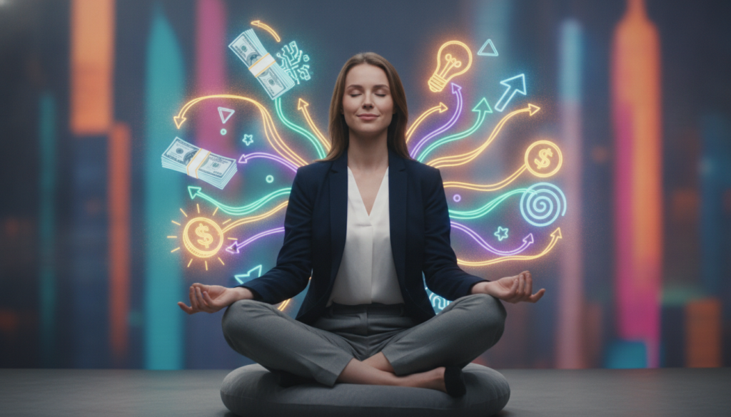 A serene and empowering scene representing "mental diet manifestation for wealth creation." In the foreground, a confident, young adult Caucasian woman in professional business attire sits cross-legged in a meditative pose, surrounded by an ethereal glow of neon colors symbolizing prosperity. In the middle ground, an array of abstract symbols like coins, stacks of cash, and glowing light bulbs float around her, depicting thoughts of abundance and creativity. The background features a dreamy, abstract cityscape bathed in vibrant hues, accentuating a sense of limitless possibilities. The lighting is soft yet illuminating, casting a peaceful, inspiring ambiance. The camera angle captures the scene from slightly above, creating an inviting perspective that emphasizes the subject's focus on wealth manifestation.