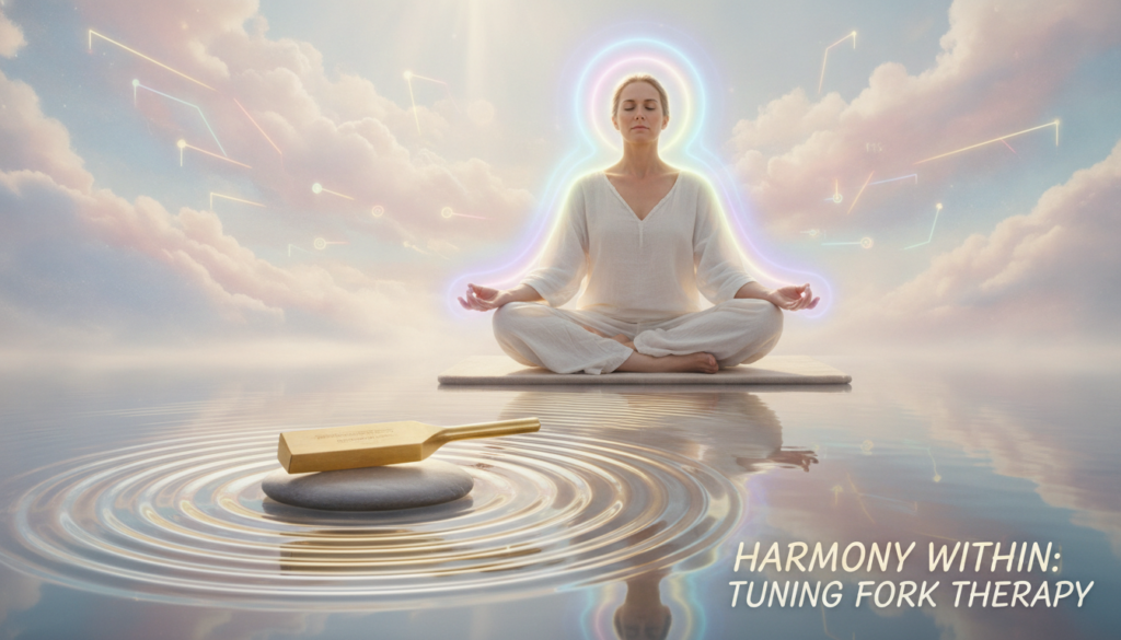 A serene and enchanting scene capturing the essence of tuning fork sound therapy for relaxation and body awareness. In the foreground, a golden tuning fork emits gentle waves of soothing sound illustrated as ripples that flow outward. In the middle, an ethereal figure of a Caucasian adult in modest casual clothing is seated cross-legged, eyes closed, and surrounded by a soft aura of pastel neon colors that symbolize tranquility and energy flow. The background features a dreamy landscape of softly swirling pastel clouds, light beams filtering through, and harmonious abstract shapes that represent energy vibrations. The lighting is soft and radiant, creating a calming atmosphere. The image should evoke feelings of peace, relaxation, and heightened body awareness, resembling a high-end magazine advertisement. A serene and enchanting scene capturing the essence of tuning fork sound therapy for relaxation and body awareness. In the foreground, a golden tuning fork emits gentle waves of soothing sound illustrated as ripples that flow outward. In the middle, an ethereal figure of a Caucasian adult in modest casual clothing is seated cross-legged, eyes closed, and surrounded by a soft aura of pastel neon colors that symbolize tranquility and energy flow. The background features a dreamy landscape of softly swirling pastel clouds, light beams filtering through, and harmonious abstract shapes that represent energy vibrations. The lighting is soft and radiant, creating a calming atmosphere. The image should evoke feelings of peace, relaxation, and heightened body awareness, resembling a high-end magazine advertisement.