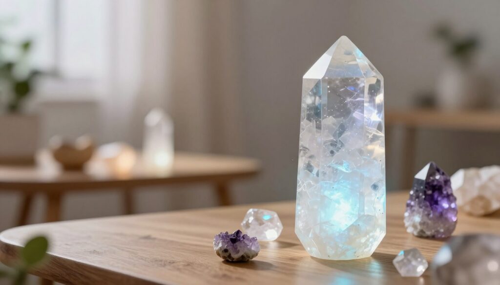 A serene and enchanting scene showcasing a glowing selenite crystal, positioned prominently in the foreground, radiating soft white and blue lights that imply a cleansing energy. Surrounding the crystal are smaller crystals of various colors like amethyst and quartz, gently illuminated. In the middle ground, a softly lit workspace with a delicate, minimalist design, featuring a natural wood table and scattered botanical elements like small plants and crystals, adds to the calming atmosphere. The background is a dreamy, blurred vignette of a softly lit room with warm hues and abstract shapes, suggesting a sense of tranquility and rejuvenation. The overall mood is uplifting and soothing, with a focus on the healing properties of crystals, captured in a high-end magazine advertisement style, emphasizing the luminous energy emanating from the selenite. Natural soft lighting enhances the dreamy aesthetic.