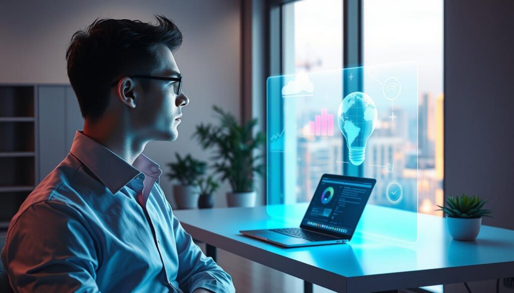 A serene and engaging visualization of mental imagery techniques, set in a modern, minimalistic office environment filled with soft neon colors. In the foreground, a thoughtful adult Gen Z individual, dressed in professional business attire, gazes thoughtfully at a holographic display of vibrant images representing dreams and goals, including abstract symbols of success like graphs and a glowing globe. The middle ground features a sleek desk with a laptop open to visualization software, surrounded by green plants for a touch of nature. In the background, large windows reveal a bustling cityscape with soft lighting, casting a peaceful ambiance. The scene conveys a sense of focus, aspiration, and creativity, suggesting the power of visualization in personal and professional growth. A serene and engaging visualization of mental imagery techniques, set in a modern, minimalistic office environment filled with soft neon colors. In the foreground, a thoughtful adult Gen Z individual, dressed in professional business attire, gazes thoughtfully at a holographic display of vibrant images representing dreams and goals, including abstract symbols of success like graphs and a glowing globe. The middle ground features a sleek desk with a laptop open to visualization software, surrounded by green plants for a touch of nature. In the background, large windows reveal a bustling cityscape with soft lighting, casting a peaceful ambiance. The scene conveys a sense of focus, aspiration, and creativity, suggesting the power of visualization in personal and professional growth.