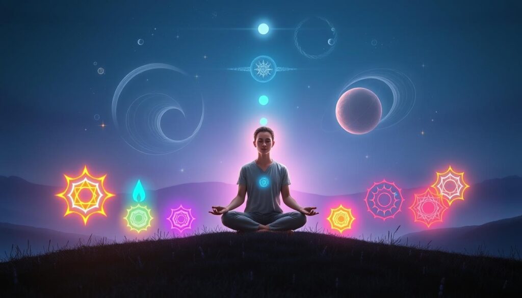 A serene and ethereal depiction of balanced crown chakra signs, set in a dreamlike landscape. In the foreground, glowing chakra symbols in vibrant neon colors are harmoniously arranged around a luminous figure seated in meditation, dressed in modest casual clothing, radiating tranquility. The middle ground features swirling cosmic elements, such as stars and celestial bodies, symbolizing connection to the universe. The background is a soft gradient of deep indigo and violet hues, creating a calming atmosphere. Soft, ambient lighting enhances the ethereal quality, while a slight lens flare adds a magical touch. The composition evokes a sense of peace, enlightenment, and connection to infinite riches, ideal for capturing the essence of an open crown chakra. A serene and ethereal depiction of balanced crown chakra signs, set in a dreamlike landscape. In the foreground, glowing chakra symbols in vibrant neon colors are harmoniously arranged around a luminous figure seated in meditation, dressed in modest casual clothing, radiating tranquility. The middle ground features swirling cosmic elements, such as stars and celestial bodies, symbolizing connection to the universe. The background is a soft gradient of deep indigo and violet hues, creating a calming atmosphere. Soft, ambient lighting enhances the ethereal quality, while a slight lens flare adds a magical touch. The composition evokes a sense of peace, enlightenment, and connection to infinite riches, ideal for capturing the essence of an open crown chakra.