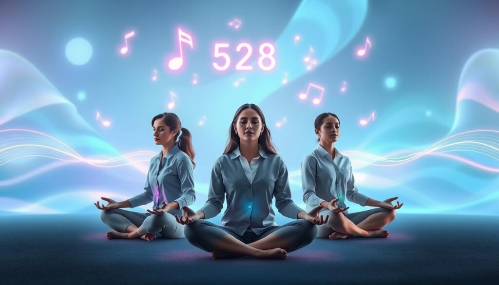 A serene and ethereal depiction of the concept of "frequency effects on body and mind." In the foreground, a diverse group of three adults in professional attire, sitting cross-legged and meditating, with soft neon lights glowing around them, symbolizing the healing effects of the 528 Hz frequency. In the middle ground, subtle waves of colorful sound frequencies radiate from musical notes, beautifully intertwining around the meditative figures, their expressions serene and reflective. The background features a dreamlike landscape with abstract shapes and fluid forms that visually represent sound waves, infused with calming shades of blue and green. The overall atmosphere is tranquil yet vibrant, capturing the uplifting emotional impact of love and healing, illuminated with soft, glowing lighting that creates an otherworldly ambiance.