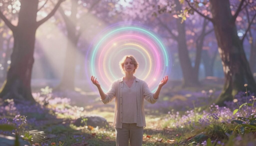 A serene and ethereal landscape representing spiritual awakening, featuring a Caucasian young adult dressed in modest casual attire, standing at the forefront with hands gently raised, surrounded by a soft glow. The middle layer showcases vibrant neon-colored auras swirling around them, representing inner awareness and enlightenment. In the background, a dreamlike forest bathed in soft pastel hues creates a tranquil atmosphere, with rays of sunlight piercing through the trees, casting shimmering patterns on the ground. Use soft, diffused lighting to enhance the mystical mood and create depth. Capture the scene from a slightly elevated angle, providing a sense of elevation and perspective, emphasizing the journey of spiritual awakening.