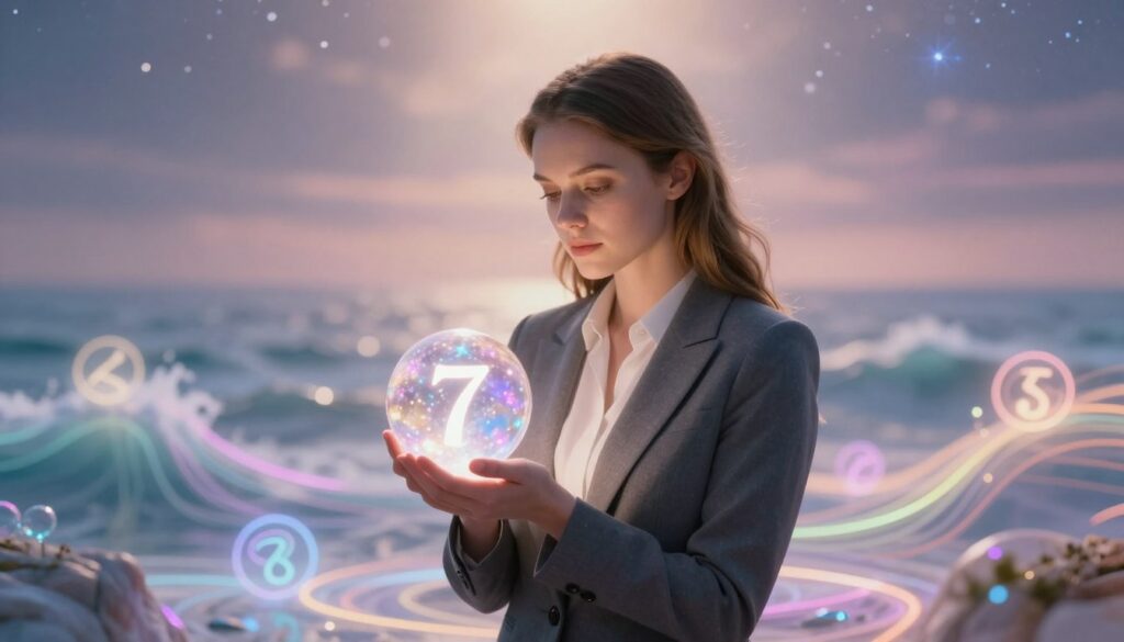 A serene and ethereal representation of Life Path Number 7 personality traits, featuring a thoughtful young Caucasian woman dressed in professional yet stylish business attire, standing amidst a dreamlike landscape. In the foreground, she gazes introspectively at a shimmering crystal orb, symbolizing wisdom and intuition, surrounded by soft, glowing neon colors that evoke a mystical atmosphere. The middle ground showcases gentle, flowing waves of light that connect to ancient numerology symbols, enhancing the theme of spirituality and insight. The background features a softly blurred horizon with a starry sky, creating a sense of depth and wonder. The lighting is soft and ethereal, with a warm glow illuminating the scene from above, inviting an atmosphere of tranquility and introspection, ideal for showcasing the hidden spiritual genius of Life Path Number 7. A serene and ethereal representation of Life Path Number 7 personality traits, featuring a thoughtful young Caucasian woman dressed in professional yet stylish business attire, standing amidst a dreamlike landscape. In the foreground, she gazes introspectively at a shimmering crystal orb, symbolizing wisdom and intuition, surrounded by soft, glowing neon colors that evoke a mystical atmosphere. The middle ground showcases gentle, flowing waves of light that connect to ancient numerology symbols, enhancing the theme of spirituality and insight. The background features a softly blurred horizon with a starry sky, creating a sense of depth and wonder. The lighting is soft and ethereal, with a warm glow illuminating the scene from above, inviting an atmosphere of tranquility and introspection, ideal for showcasing the hidden spiritual genius of Life Path Number 7.