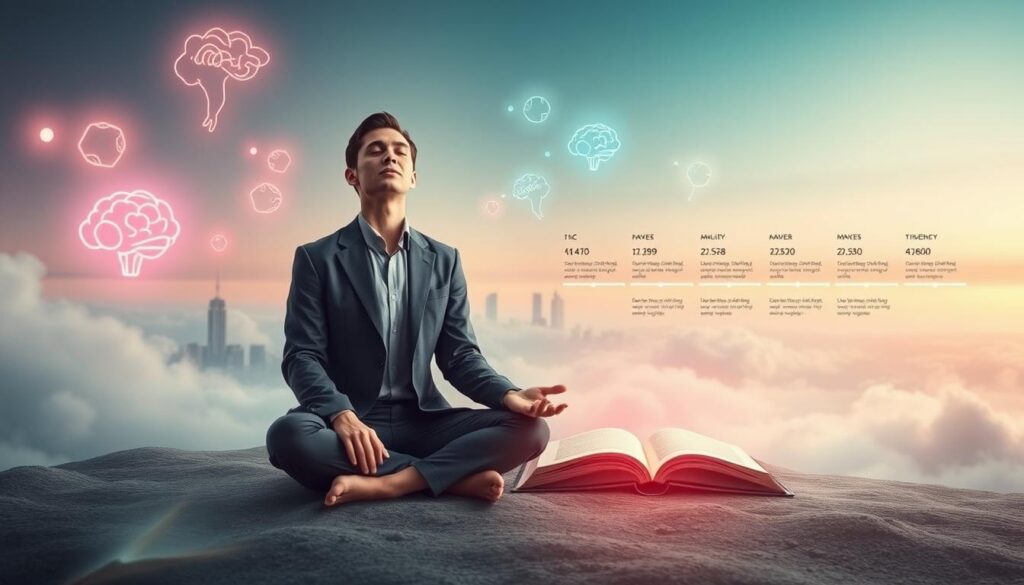 A serene and ethereal representation of the Silva Mind Control method's history, depicted through a dreamlike landscape. In the foreground, a meditative figure, dressed in professional business attire, sits cross-legged with closed eyes, exuding tranquility. The middle ground features symbolic elements like an open book with glowing pages, floating thought patterns in vibrant neon colors, and a timeline of key events illustrated as soft, flowing pathways. In the background, an abstract cityscape merges with elements of nature, hinting at the connection between the mind and reality. Soft, diffused lighting creates a calming atmosphere, evoking a sense of exploration and potential. The overall mood is inspiring and introspective, inviting viewers into the journey of self-discovery and mental empowerment. A serene and ethereal representation of the Silva Mind Control method's history, depicted through a dreamlike landscape. In the foreground, a meditative figure, dressed in professional business attire, sits cross-legged with closed eyes, exuding tranquility. The middle ground features symbolic elements like an open book with glowing pages, floating thought patterns in vibrant neon colors, and a timeline of key events illustrated as soft, flowing pathways. In the background, an abstract cityscape merges with elements of nature, hinting at the connection between the mind and reality. Soft, diffused lighting creates a calming atmosphere, evoking a sense of exploration and potential. The overall mood is inspiring and introspective, inviting viewers into the journey of self-discovery and mental empowerment.
