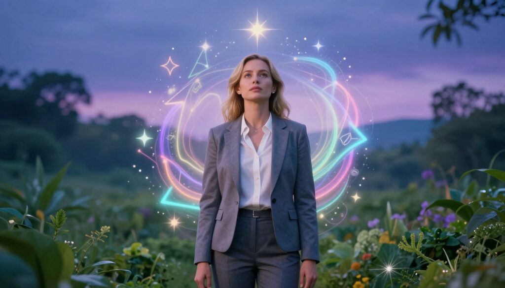 A serene and ethereal scene capturing the essence of intuitive gifts, with a Caucasian female figure in professional business attire, standing confidently in the foreground. She gazes upward, surrounded by a gentle aura of soft neon colors that radiate from her, symbolizing energy and intuition. The middle ground features abstract symbols of manifestation, like shimmering stars and geometric shapes, intertwining with lush greenery, representing growth and connection. In the background, a dreamlike landscape with a twilight sky, blending shades of deep blue and lavender, creates a calm yet inspiring atmosphere. The lighting is soft and mystical, reminiscent of a high-end magazine advertisement, evoking a sense of wonder and enlightenment that aligns with the theme of master intuitive manifestors. A serene and ethereal scene capturing the essence of intuitive gifts, with a Caucasian female figure in professional business attire, standing confidently in the foreground. She gazes upward, surrounded by a gentle aura of soft neon colors that radiate from her, symbolizing energy and intuition. The middle ground features abstract symbols of manifestation, like shimmering stars and geometric shapes, intertwining with lush greenery, representing growth and connection. In the background, a dreamlike landscape with a twilight sky, blending shades of deep blue and lavender, creates a calm yet inspiring atmosphere. The lighting is soft and mystical, reminiscent of a high-end magazine advertisement, evoking a sense of wonder and enlightenment that aligns with the theme of master intuitive manifestors.