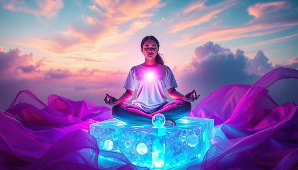 A serene and ethereal scene depicting a lightworker engaging in self-healing. In the foreground, a diverse individual in modest casual clothing meditates on a vibrant, glowing crystal platform surrounded by soft, flowing fabrics that radiate neon colors. The middle ground features an ethereal light emanating from their heart center, casting gentle hues over their face, symbolizing inner healing and self-love. In the background, an abstract, dreamlike landscape blends pastel skies with swirling clouds, creating a sense of boundless potential. Surrounding the figure are delicate, luminous orbs representing healing energy. The lighting is soft and ambient, giving a calming yet invigorating feel, and the angle is slightly above eye level to emphasize the transformative journey of self-discovery on the lightworker path. A serene and ethereal scene depicting a lightworker engaging in self-healing. In the foreground, a diverse individual in modest casual clothing meditates on a vibrant, glowing crystal platform surrounded by soft, flowing fabrics that radiate neon colors. The middle ground features an ethereal light emanating from their heart center, casting gentle hues over their face, symbolizing inner healing and self-love. In the background, an abstract, dreamlike landscape blends pastel skies with swirling clouds, creating a sense of boundless potential. Surrounding the figure are delicate, luminous orbs representing healing energy. The lighting is soft and ambient, giving a calming yet invigorating feel, and the angle is slightly above eye level to emphasize the transformative journey of self-discovery on the lightworker path.
