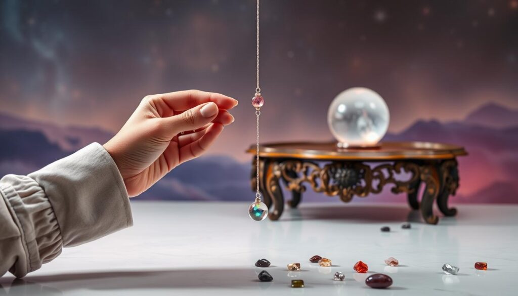 A serene and ethereal scene depicting a pendulum dowsing practice for intuitive yes or no answers. In the foreground, a graceful hand, dressed in modest casual attire, holds a beautifully made pendulum, delicately swinging. Soft, neon colors illuminate the pendulum, contrasting against a smooth, reflective surface below. In the middle ground, a softly glowing crystal ball rests on an ornate wooden table, surrounded by scattered gemstones. The background features a dreamy, abstract landscape filled with subtle hints of cosmic elements, like stars and gentle swirls of color, enhancing the mystical atmosphere. The lighting is soft yet vibrant, creating a warm and inviting ambiance. The overall mood is tranquil, facilitating exploration and discovery, embodying a sense of empowerment and clarity through pendulum dowsing.