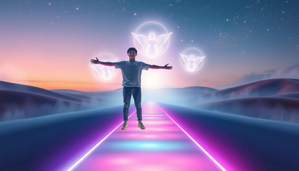 A serene and ethereal scene depicting personal growth under the guidance of celestial beings. In the foreground, a young adult dressed in modest casual attire stands on a vibrant, glowing pathway, their arms outstretched as if embracing the universe. Soft neon colors swirl around them, symbolizing spiritual energy. In the middle ground, gentle, luminescent angelic figures hover, exuding a sense of comfort and wisdom, guiding the individual towards self-discovery. The background features a dreamlike landscape with gently rolling hills under a twilight sky speckled with stars, casting a soft, diffused light throughout the scene. The overall mood is uplifting and mystical, inviting viewers into a space of inspiration and divine support. The image should be bright yet soothing, with a focus on harmony and tranquility.