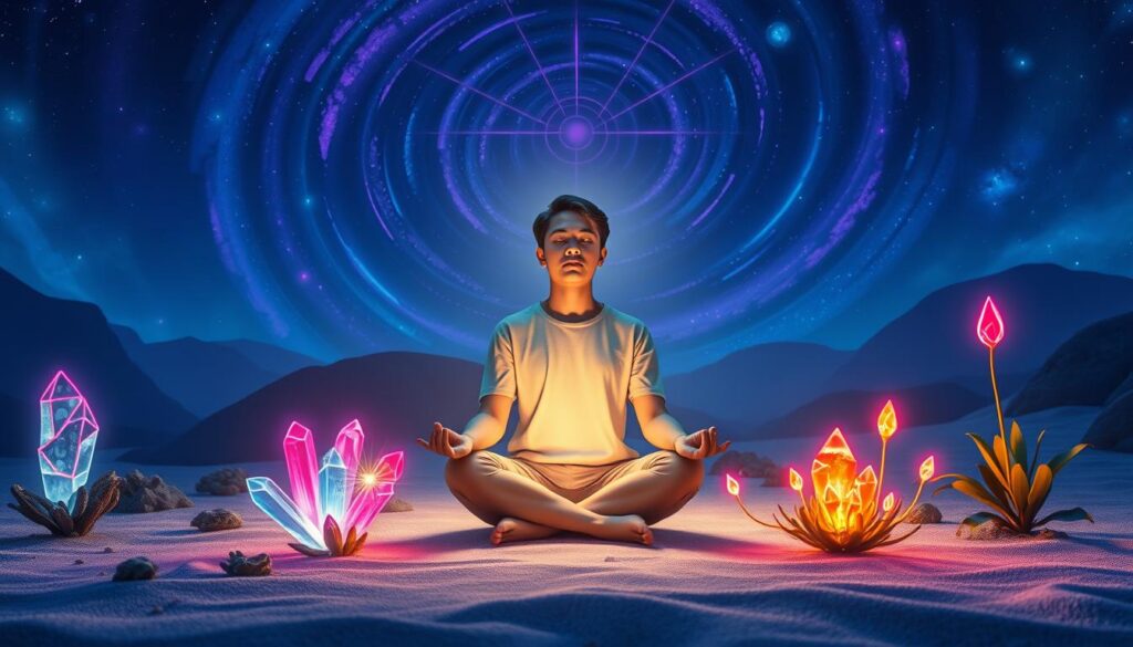 A serene and ethereal scene depicting signs of spiritual alignment amidst a dreamy landscape. In the foreground, a person in modest casual clothing sits cross-legged, meditating with closed eyes, radiating a soft, glowing light. The middle ground features vibrant neon-colored crystals and plants that pulse with energy, symbolizing spiritual awakening. In the background, a swirling galaxy of deep blues and purples contrasts with the bright neon colors, creating a mystical atmosphere. Soft, diffused lighting illuminates the scene, enhancing the sense of peace and introspection. The image should have a high-end magazine advertisement quality, appealing to adult Gen Z with its dreamcore aesthetic that evokes a feeling of exploration and connection. A serene and ethereal scene depicting signs of spiritual alignment amidst a dreamy landscape. In the foreground, a person in modest casual clothing sits cross-legged, meditating with closed eyes, radiating a soft, glowing light. The middle ground features vibrant neon-colored crystals and plants that pulse with energy, symbolizing spiritual awakening. In the background, a swirling galaxy of deep blues and purples contrasts with the bright neon colors, creating a mystical atmosphere. Soft, diffused lighting illuminates the scene, enhancing the sense of peace and introspection. The image should have a high-end magazine advertisement quality, appealing to adult Gen Z with its dreamcore aesthetic that evokes a feeling of exploration and connection.