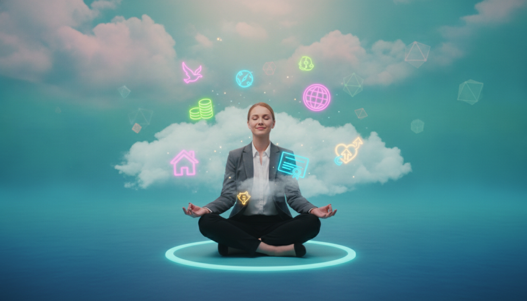 A serene and ethereal scene depicting the concept of "clear manifestation intention." In the foreground, a figure of a young adult Caucasian woman dressed in professional business attire, sitting cross-legged on a soft, glowing mat, eyes closed in meditation. Surrounding her, vibrant neon holographic symbols representing goals and dreams float in the air, shimmering with soft light. The middle ground features a transition of colors, blending from calming blues to inspiring greens, suggesting clarity and focus. In the background, a dreamy landscape with soft pastel clouds and abstract geometric shapes creates an expansive feeling. Soft, ambient lighting casts a warm glow, enhancing the uplifting mood and emphasizing empowerment. The angle is slightly high, capturing the connection between the figure and the floating symbols, evoking a sense of alignment and clarity in intention.