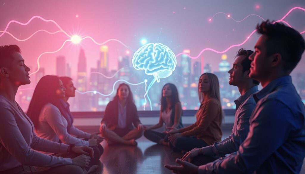 A serene and ethereal scene depicting the mind-body connection through visualization. In the foreground, a diverse group of professionals, dressed in smart casual clothing, sits in a meditative state, their eyes gently closed, surrounded by glowing neon patterns and vibrant light trails that represent thoughts and energy flowing from their minds. In the middle ground, an abstract visualization emerges, showing brain synapses and neural pathways intertwined with flowing ribbons of light that symbolize the connection to their bodies. The background features a dreamy, soft-focus city skyline illuminated in pastel neon hues, suggesting a fusion of ambition and mindfulness. The overall atmosphere is calming yet invigorating, with soft, diffused lighting creating a harmonious balance between tranquility and inspiration. Shot from a high angle to encompass the group and its vibrant surroundings. A serene and ethereal scene depicting the mind-body connection through visualization. In the foreground, a diverse group of professionals, dressed in smart casual clothing, sits in a meditative state, their eyes gently closed, surrounded by glowing neon patterns and vibrant light trails that represent thoughts and energy flowing from their minds. In the middle ground, an abstract visualization emerges, showing brain synapses and neural pathways intertwined with flowing ribbons of light that symbolize the connection to their bodies. The background features a dreamy, soft-focus city skyline illuminated in pastel neon hues, suggesting a fusion of ambition and mindfulness. The overall atmosphere is calming yet invigorating, with soft, diffused lighting creating a harmonious balance between tranquility and inspiration. Shot from a high angle to encompass the group and its vibrant surroundings.