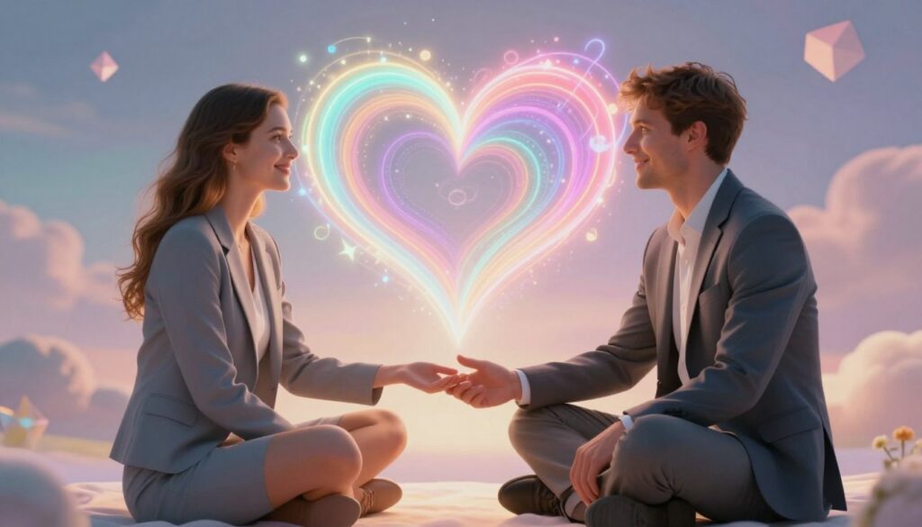 A serene and ethereal scene depicting the soulmate energy associated with Life Path Number 2. In the foreground, two people of Caucasian descent, a male and female, are sitting closely together on a soft, glowing surface, dressed in professional business attire, with warm, friendly expressions. Their hands are gently touching, symbolizing connection and harmony. In the middle, a dreamy, abstract representation of intertwined hearts and celestial patterns emits vibrant neon colors, creating a sense of unity and love. The background features a soft, blurred landscape with subtle dreamcore elements like floating geometric shapes and pastel hues. The lighting is soft and ambient, casting a magical glow over the scene, evoking a mood of warmth and tranquility, perfect for capturing the essence of soulmate energy. A serene and ethereal scene depicting the soulmate energy associated with Life Path Number 2. In the foreground, two people of Caucasian descent, a male and female, are sitting closely together on a soft, glowing surface, dressed in professional business attire, with warm, friendly expressions. Their hands are gently touching, symbolizing connection and harmony. In the middle, a dreamy, abstract representation of intertwined hearts and celestial patterns emits vibrant neon colors, creating a sense of unity and love. The background features a soft, blurred landscape with subtle dreamcore elements like floating geometric shapes and pastel hues. The lighting is soft and ambient, casting a magical glow over the scene, evoking a mood of warmth and tranquility, perfect for capturing the essence of soulmate energy.