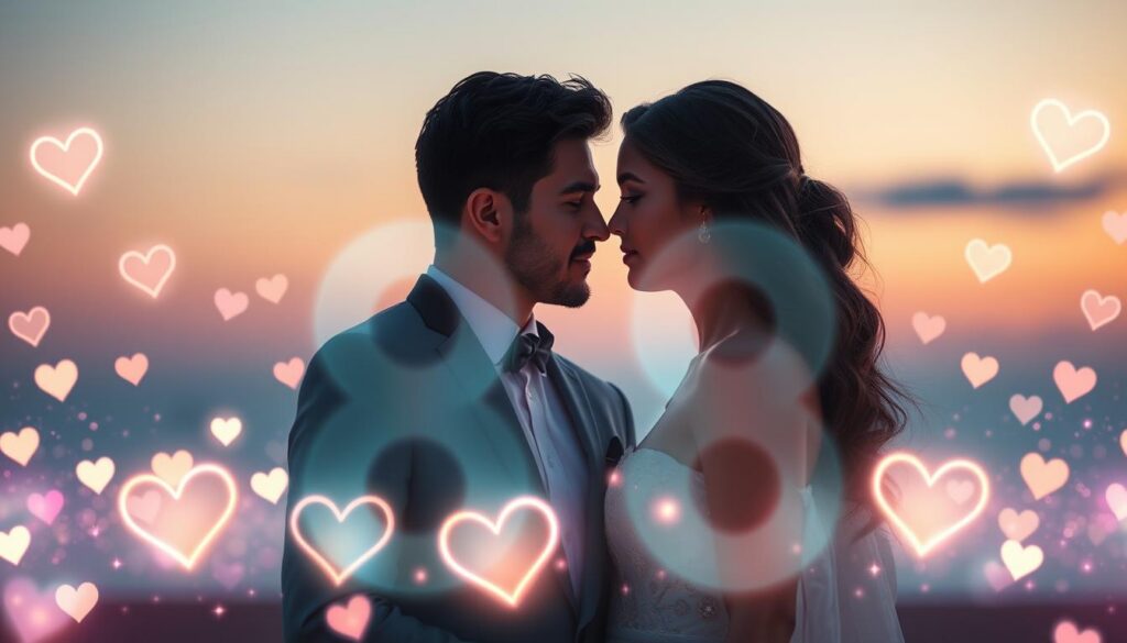A serene and ethereal scene featuring the angel number "888" as a luminous centerpiece, surrounded by glowing hearts symbolizing love and twin flame connections. In the foreground, a couple dressed in elegant, modern attire is gazing into each other's eyes, radiating a sense of deep connection and understanding. In the middle ground, soft twinkling stars and delicate lights create a dreamlike atmosphere, blending neon colors like teal, pink, and purple. The background features a soft gradient sky transitioning from dusk to night, enhancing the feeling of enchantment. The lighting is soft and ambient, reminiscent of high-end magazine advertisements, with a focus on creating an uplifting and harmonious mood that emphasizes love and spiritual abundance. The angle is slightly elevated, capturing both the couple and the enchanting backdrop in a flattering composition. A serene and ethereal scene featuring the angel number "888" as a luminous centerpiece, surrounded by glowing hearts symbolizing love and twin flame connections. In the foreground, a couple dressed in elegant, modern attire is gazing into each other's eyes, radiating a sense of deep connection and understanding. In the middle ground, soft twinkling stars and delicate lights create a dreamlike atmosphere, blending neon colors like teal, pink, and purple. The background features a soft gradient sky transitioning from dusk to night, enhancing the feeling of enchantment. The lighting is soft and ambient, reminiscent of high-end magazine advertisements, with a focus on creating an uplifting and harmonious mood that emphasizes love and spiritual abundance. The angle is slightly elevated, capturing both the couple and the enchanting backdrop in a flattering composition.