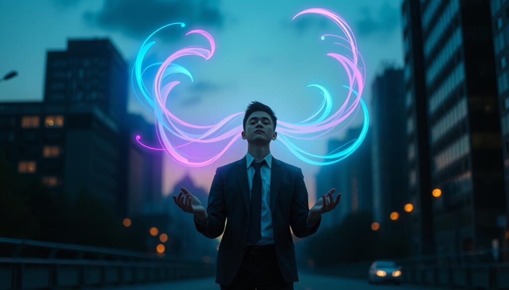 A serene and ethereal scene representing detachment and manifesting. In the foreground, a young adult in professional business attire stands in a meditative pose, eyes closed, surrounded by a soft glow. Their expression embodies tranquility and focus. In the middle ground, abstract swirling forms made of vibrant neon colors—blues, pinks, and greens—representing thoughts and intentions, float gracefully around the figure. In the background, a slightly blurred urban landscape at dusk, illuminated with softly glowing city lights, creates a sense of expansive possibility. The lighting is moody, with an otherworldly luminescence that enhances the dreamcore aesthetic. The atmosphere is calm yet empowering, symbolizing the interconnectedness of detachment and manifesting. A serene and ethereal scene representing detachment and manifesting. In the foreground, a young adult in professional business attire stands in a meditative pose, eyes closed, surrounded by a soft glow. Their expression embodies tranquility and focus. In the middle ground, abstract swirling forms made of vibrant neon colors—blues, pinks, and greens—representing thoughts and intentions, float gracefully around the figure. In the background, a slightly blurred urban landscape at dusk, illuminated with softly glowing city lights, creates a sense of expansive possibility. The lighting is moody, with an otherworldly luminescence that enhances the dreamcore aesthetic. The atmosphere is calm yet empowering, symbolizing the interconnectedness of detachment and manifesting.