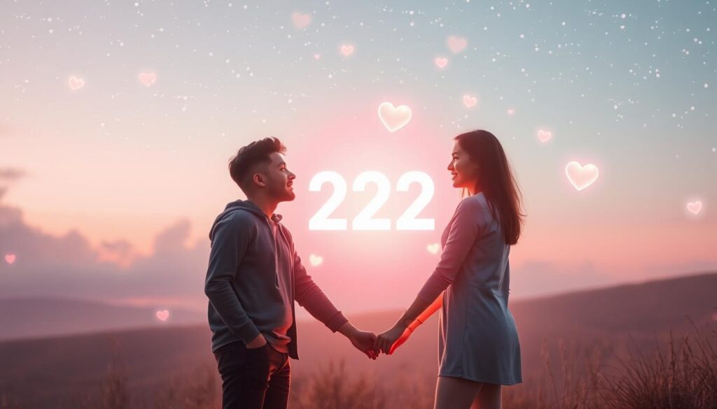 A serene and ethereal scene showcasing the concept of soulmate readiness, featuring a soft, dreamy landscape with pastel neon colors. In the foreground, a couple of young adults in modest casual clothing stand hand in hand, gazing into each other's eyes, embodying connection and harmony. The middle ground features floating translucent hearts and the angel number "222" glowing softly, surrounded by shimmering lights. In the background, a cosmic sky filled with stars and gentle clouds creates a tranquil atmosphere, enhanced by a hazy, soft focus effect. The lighting is ambient and mystical, casting a warm glow over the scene, evoking feelings of hope and love. The overall mood is reassuring and uplifting, presenting an inviting glimpse into the possibilities of love and connection. A serene and ethereal scene showcasing the concept of soulmate readiness, featuring a soft, dreamy landscape with pastel neon colors. In the foreground, a couple of young adults in modest casual clothing stand hand in hand, gazing into each other's eyes, embodying connection and harmony. The middle ground features floating translucent hearts and the angel number "222" glowing softly, surrounded by shimmering lights. In the background, a cosmic sky filled with stars and gentle clouds creates a tranquil atmosphere, enhanced by a hazy, soft focus effect. The lighting is ambient and mystical, casting a warm glow over the scene, evoking feelings of hope and love. The overall mood is reassuring and uplifting, presenting an inviting glimpse into the possibilities of love and connection.