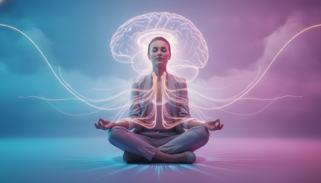 A serene and ethereal scene showcasing the profound connection between the brain and body through the concept of the placebo effect. In the foreground, a young adult Caucasian professional dressed in stylish, modest business attire sits cross-legged on a glowing, vibrant floor, eyes closed and face serene, in a meditative state. In the middle ground, a translucent, glowing overlay of a brain is depicted, connected to various glowing pathways that reach towards the body, symbolizing energy flow. The background features a dreamy landscape with soft, swirling neon colors transitioning from blue to pink, enhancing the surreal atmosphere. Dynamic lighting casts gentle highlights on the subject, creating a high-end magazine advertisement feel. The overall mood is uplifting and introspective, promoting themes of wellness and mental empowerment.