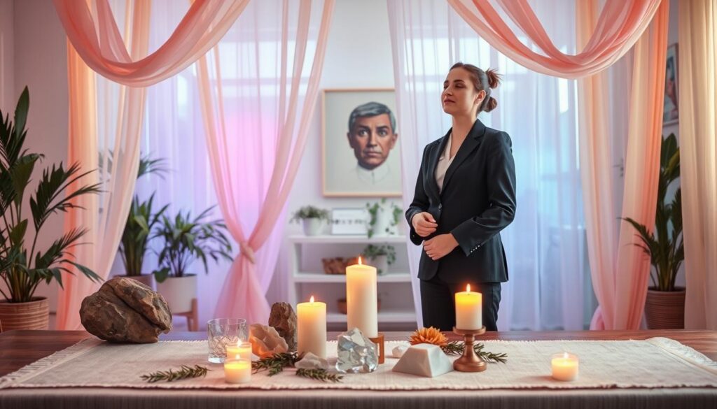 A serene and ethereal space cleansing ritual preparation scene. In the foreground, a neatly arranged altar is adorned with polished crystals, candles emitting a soft glow, and fragrant herbs such as sage and rosemary. In the middle ground, a person dressed in professional business attire is setting an intention, eyes closed, surrounded by cascading drapes in neon colors that evoke a dreamlike atmosphere. The background reveals a softly lit room filled with plants and abstract artwork, enhancing the calming ambiance. The scene is bathed in gentle, diffused natural light, creating a vibrant yet tranquil mood. The composition is shot from a slightly elevated angle, capturing both the altar and the figure in a harmonious blend, emphasizing the ritual's importance in energy clearing. A serene and ethereal space cleansing ritual preparation scene. In the foreground, a neatly arranged altar is adorned with polished crystals, candles emitting a soft glow, and fragrant herbs such as sage and rosemary. In the middle ground, a person dressed in professional business attire is setting an intention, eyes closed, surrounded by cascading drapes in neon colors that evoke a dreamlike atmosphere. The background reveals a softly lit room filled with plants and abstract artwork, enhancing the calming ambiance. The scene is bathed in gentle, diffused natural light, creating a vibrant yet tranquil mood. The composition is shot from a slightly elevated angle, capturing both the altar and the figure in a harmonious blend, emphasizing the ritual's importance in energy clearing.