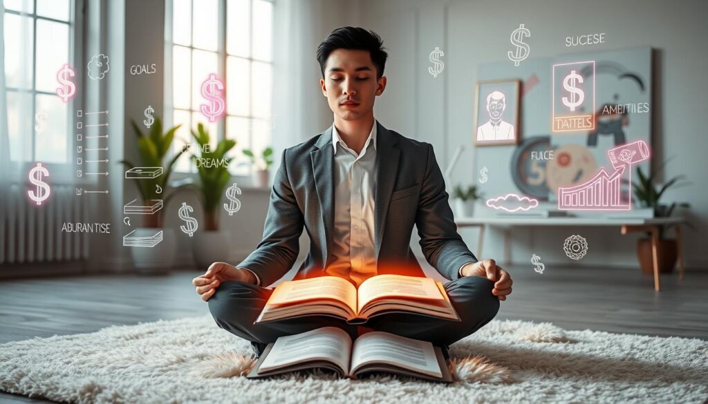 A serene and ethereal workspace set in a softly lit, minimalist room with large windows letting in natural light, creating a dreamlike atmosphere. In the foreground, a focused young adult wearing professional business attire is seated cross-legged on a plush, modern rug, eyes closed in deep concentration. Surrounding them are glowing, holographic visuals of dollar signs, goal lists, and ambitious dreams, rendered in vibrant neon colors. In the middle, a sleek, organized desk shows open journals and vision boards filled with colorful illustrations of wealth and success. The background features calming plants and abstract art, enhancing the motivational ambiance. The overall mood is aspirational, with a high-end magazine advertisement feel, emphasizing the power of mental rehearsal and manifestation techniques in achieving one’s goals and wealth.