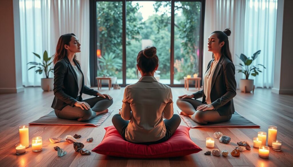 A serene and expansive meditation space featuring a grounded manifestation practice. In the foreground, a diverse group of three adults, dressed in professional business attire, sit cross-legged on soft, multicolored cushions, their eyes closed and expressions serene as they concentrate on manifesting their intentions. The middle-ground includes ambient lighting with neon colors, casting a soft glow on scattered crystals and candles arranged artfully around the participants. Behind them, a large window reveals a tranquil garden, allowing natural light to filter in. The atmosphere is calm and reflective, encouraging a sense of unity and purpose. Shot with a slight aerial angle to capture the full scene, creating an intimate yet expansive feel, reminiscent of a high-end magazine advertisement showcasing personal growth and inner peace.