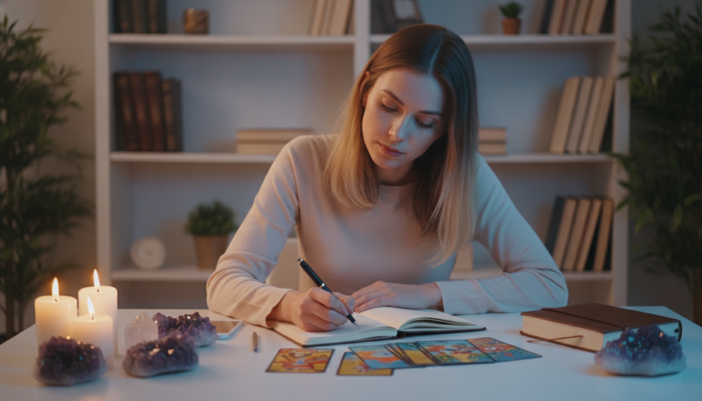 A serene and focused setting for quiet preparation of an intuitive quiz, featuring a stylish young Caucasian woman seated at a sleek, modern desk adorned with crystals, candles, and an open notebook. The foreground highlights her thoughtful expression as she writes, with warm, soft lighting casting a gentle glow that creates a tranquil mood. In the middle, an array of colorful tarot cards is fanned out beside her, illuminated by a neon hue that hints at the dreamcore aesthetic, enhancing the atmosphere of mystical anticipation. The background features softly blurred bookshelves filled with spiritual texts and plants, creating depth. The angle is slightly overhead, capturing both the subject’s concentration and the atmospheric details that invite viewers into this moment of introspection and readiness. A serene and focused setting for quiet preparation of an intuitive quiz, featuring a stylish young Caucasian woman seated at a sleek, modern desk adorned with crystals, candles, and an open notebook. The foreground highlights her thoughtful expression as she writes, with warm, soft lighting casting a gentle glow that creates a tranquil mood. In the middle, an array of colorful tarot cards is fanned out beside her, illuminated by a neon hue that hints at the dreamcore aesthetic, enhancing the atmosphere of mystical anticipation. The background features softly blurred bookshelves filled with spiritual texts and plants, creating depth. The angle is slightly overhead, capturing both the subject’s concentration and the atmospheric details that invite viewers into this moment of introspection and readiness.