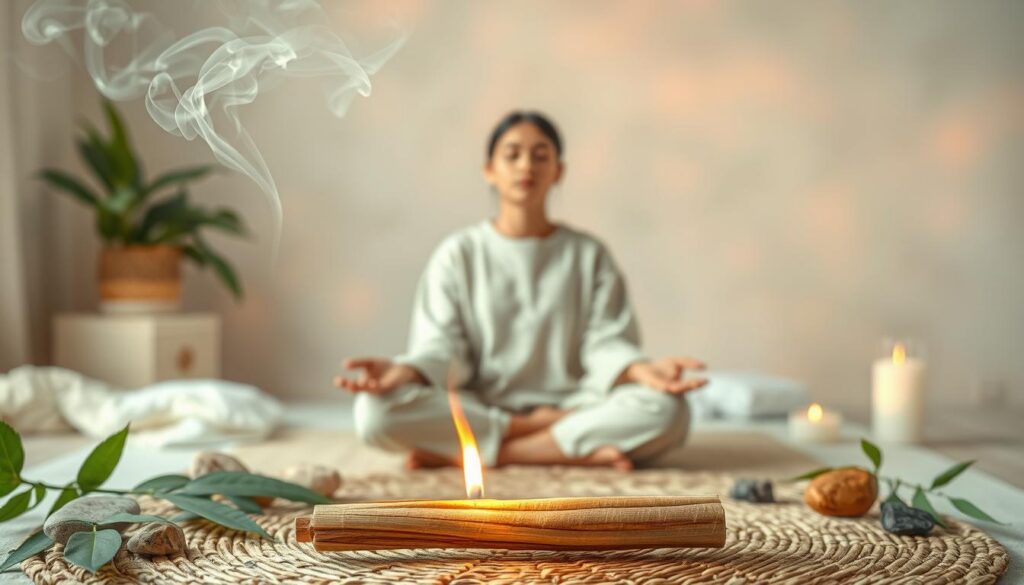 A serene and harmonious palo santo energy cleansing ritual set in a tranquil, softly lit room. In the foreground, a beautifully crafted palo santo stick smolders gently, releasing wisps of aromatic smoke that swirl gracefully in the air. Surrounding the stick are various crystals and natural elements, like smooth stones and vibrant green leaves, enhancing the healing vibe. In the middle of the scene, a person wearing modest, light-colored clothing sits cross-legged on a woven mat, eyes gently closed, embodying calmness and clarity. The background features soft, dreamlike imagery with ethereal pastel colors, blending seamlessly into a glowing aura that suggests tranquility. Enhance the atmosphere with ambient light, highlighting the gentle textures and creating a peaceful, meditative mood, reminiscent of a high-end magazine advertisement tailored for a contemporary adult Gen Z audience.