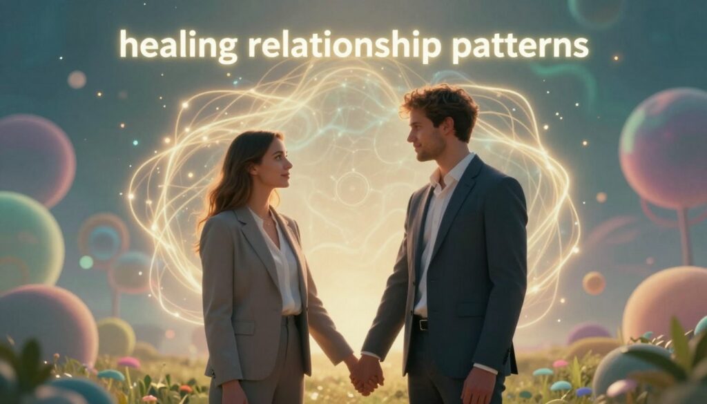 A serene and harmonious scene depicting "healing relationship patterns." In the foreground, a young Caucasian couple in professional business attire stands hand in hand, their expressions conveying trust and understanding. In the middle, a softly glowing energy field surrounds them, symbolizing positive connection and emotional healing. In the background, an ethereal landscape of abstract shapes and fluid forms in neon colors creates a dreamlike atmosphere, suggesting growth and transformation. Warm, diffused lighting bathes the scene, enhancing the feeling of peace and hope. The composition captures a moment of reflection and connection, evoking a sense of emotional clarity and healing within relationships. The overall mood is uplifting and inspiring, designed for an audience seeking personal growth and relationship insights.