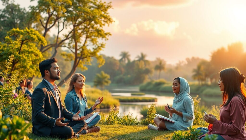 A serene and harmonious scene depicting "spiritual alignment in daily life." In the foreground, a diverse group of adults, dressed in professional business attire and modest casual clothing, are engaged in mindful activities like meditation, journaling, and deep conversations, radiating positive energy. In the middle ground, lush greenery and gentle, flowing water symbolize tranquility and balance, while soft rays of golden sunlight filter through the trees, casting a warm, inviting glow. The background features a vibrant, dreamlike landscape with hints of neon colors blending into a soft gradient sky, evoking a sense of awakening and connection to the universe. The overall mood is uplifting and peaceful, reflecting the essence of spiritual alignment in daily life. A serene and harmonious scene depicting "spiritual alignment in daily life." In the foreground, a diverse group of adults, dressed in professional business attire and modest casual clothing, are engaged in mindful activities like meditation, journaling, and deep conversations, radiating positive energy. In the middle ground, lush greenery and gentle, flowing water symbolize tranquility and balance, while soft rays of golden sunlight filter through the trees, casting a warm, inviting glow. The background features a vibrant, dreamlike landscape with hints of neon colors blending into a soft gradient sky, evoking a sense of awakening and connection to the universe. The overall mood is uplifting and peaceful, reflecting the essence of spiritual alignment in daily life.