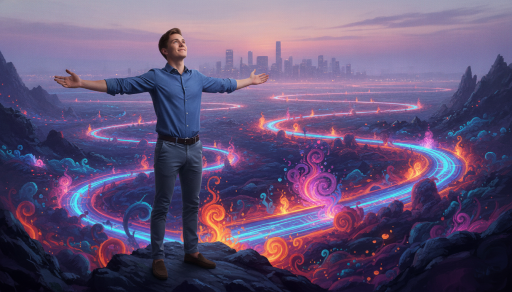 A serene and harmonious scene illustrating the concept of "law allowing and desire alignment". In the foreground, a confident, Caucasian young adult in smart casual attire stands with arms open wide, symbolizing openness and acceptance. The middle ground features an ethereal landscape, with swirling dreamlike patterns and vibrant neon colors, representing the flow of desires manifesting. In the background, a softly illuminated skyline at dusk, infused with pastel hues, conveys a sense of tranquility. The lighting is soft yet striking, highlighting the subject’s features and creating a warm, inviting atmosphere. The camera angle is slightly low, capturing both the subject and the expansive landscape ahead, evoking a feeling of empowerment and possibility. The overall mood is inspirational and uplifting, a perfect representation of alignment with one’s desires.