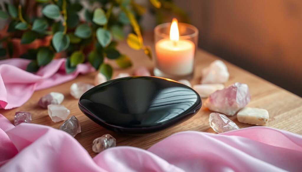 A serene and harmonious setup for a daily grounding crystal practice, featuring a polished obsidian stone at the center, reflecting its glossy black surface. Surround the stone with delicate, pastel crystals like rose quartz and amethyst, arranged artfully on a natural wood surface. In the foreground, add a soft, flowing cloth in neon colors, gently enhancing the harmonious vibe. The middle ground includes a softly glowing candle, illuminating the scene with warm, inviting light, casting gentle shadows. In the background, a lush plant adds a touch of nature, creating a tranquil atmosphere. Capture this moment from a slightly elevated angle, using soft focus to evoke a dreamlike quality, suitable for a high-end magazine advertisement aimed at adult Gen Z audiences. A serene and harmonious setup for a daily grounding crystal practice, featuring a polished obsidian stone at the center, reflecting its glossy black surface. Surround the stone with delicate, pastel crystals like rose quartz and amethyst, arranged artfully on a natural wood surface. In the foreground, add a soft, flowing cloth in neon colors, gently enhancing the harmonious vibe. The middle ground includes a softly glowing candle, illuminating the scene with warm, inviting light, casting gentle shadows. In the background, a lush plant adds a touch of nature, creating a tranquil atmosphere. Capture this moment from a slightly elevated angle, using soft focus to evoke a dreamlike quality, suitable for a high-end magazine advertisement aimed at adult Gen Z audiences.
