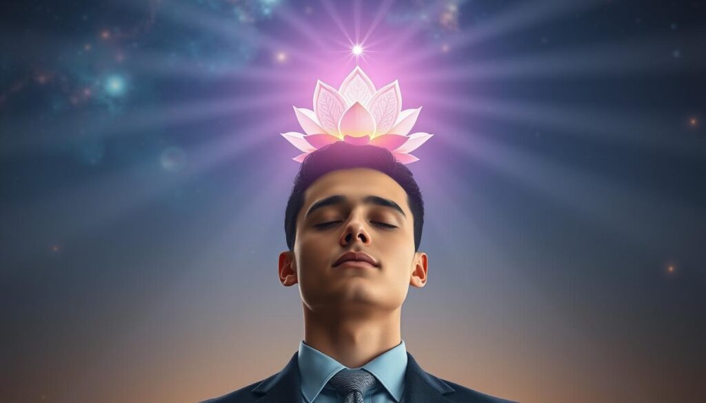 A serene and imaginative depiction of the Sahasrara, the crown chakra, positioned delicately atop a human head. The foreground features a well-groomed individual in professional attire, eyes closed, radiating tranquility and wisdom. Lavender and gold hues illuminate the crown chakra, represented as a luminous lotus blossom with intricate petals gently unfurling, sparkling with energy. In the middle ground, soft, ethereal beams of light flow outward, connecting with a cosmic backdrop of starry skies and swirling galaxies, signifying a connection to the universe. The atmosphere is tranquil and mystical, evoking a sense of infinite possibilities. The lighting is soft and dreamlike, with a slight glow surrounding the chakra. The angle captures both the human subject and the expansive cosmic majesty above, inviting viewers to explore the profound connection between the mind and the universe. A serene and imaginative depiction of the Sahasrara, the crown chakra, positioned delicately atop a human head. The foreground features a well-groomed individual in professional attire, eyes closed, radiating tranquility and wisdom. Lavender and gold hues illuminate the crown chakra, represented as a luminous lotus blossom with intricate petals gently unfurling, sparkling with energy. In the middle ground, soft, ethereal beams of light flow outward, connecting with a cosmic backdrop of starry skies and swirling galaxies, signifying a connection to the universe. The atmosphere is tranquil and mystical, evoking a sense of infinite possibilities. The lighting is soft and dreamlike, with a slight glow surrounding the chakra. The angle captures both the human subject and the expansive cosmic majesty above, inviting viewers to explore the profound connection between the mind and the universe.