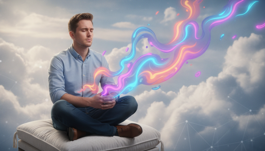 A serene and imaginative scene depicting the essence of Neville Goddard's Revision Technique. In the foreground, a young adult Caucasian man, dressed in a smart casual outfit, sits cross-legged on a plush cushion, with a contemplative expression as he closes his eyes, visualizing his past. In the middle ground, abstract representations of swirling neon colors symbolize memories and emotions blending together, with soft, flowing shapes that suggest transformation. The background features a dreamlike environment, with ethereal clouds and subtle geometric patterns, bathed in soft, diffused lighting that creates a calm and introspective atmosphere. The overall mood is reflective and enlightening, capturing the transformative power of self-revision as one reconnects with their past. A serene and imaginative scene depicting the essence of Neville Goddard's Revision Technique. In the foreground, a young adult Caucasian man, dressed in a smart casual outfit, sits cross-legged on a plush cushion, with a contemplative expression as he closes his eyes, visualizing his past. In the middle ground, abstract representations of swirling neon colors symbolize memories and emotions blending together, with soft, flowing shapes that suggest transformation. The background features a dreamlike environment, with ethereal clouds and subtle geometric patterns, bathed in soft, diffused lighting that creates a calm and introspective atmosphere. The overall mood is reflective and enlightening, capturing the transformative power of self-revision as one reconnects with their past.
