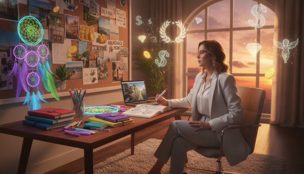 A serene and imaginative workspace designed for manifesting desires, featuring a stylish Caucasian adult in professional business attire focused on vision boards and dream journals. The foreground showcases a sleek desk cluttered with colorful notebooks, vibrant markers, and glowing neon-coloured dreamcatchers, symbolizing creativity and aspiration. In the middle, a large window reveals a glowing sunset, casting warm golden light and soft shadows, enhancing a feeling of tranquility and hope. The background includes ethereal, dreamlike elements such as floating symbols of wealth and abundance. The mood is inspiring and aspirational, inviting viewers to tap into their imagination. The composition captures a sense of purpose and clarity, with a high-end magazine advertisement feel, focusing on adult Gen Z aesthetics.