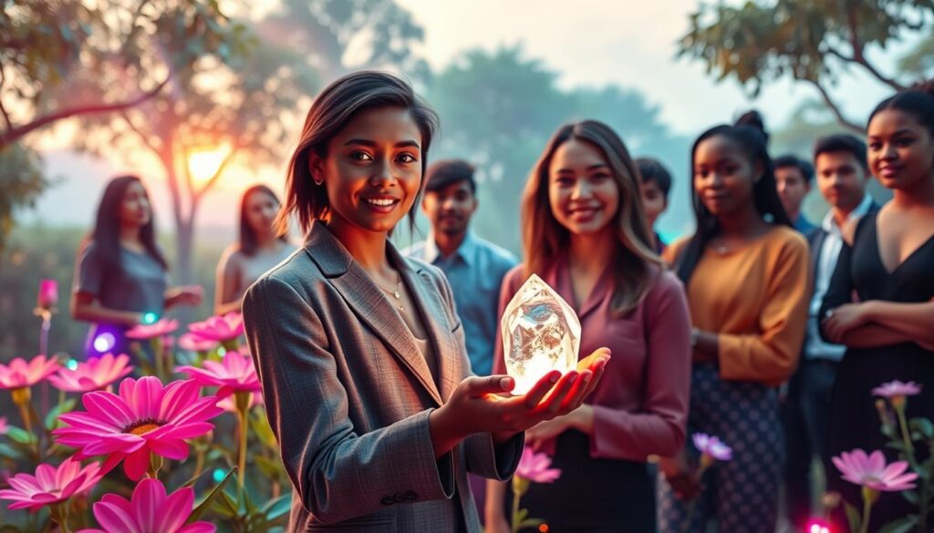 A serene and inspirational scene depicting a diverse group of young adults gathered in a lush, dreamlike setting. The foreground features a person in professional business attire with a confident pose, holding a glowing crystal in their hands, symbolizing intention and manifestation. In the middle ground, vibrant flowers and luminescent plants radiate neon colors reflecting positivity and energy. The background showcases a soft-focus, ethereal landscape that hints at dreams and possibilities, with gentle light beams filtering through a pastel-hued sky. The atmosphere is uplifting and hopeful, inviting viewers to connect with their inner intentions. Use a wide-angle lens to capture the depth of the scene, with soft, diffused lighting to create a magical feel. A serene and inspirational scene depicting a diverse group of young adults gathered in a lush, dreamlike setting. The foreground features a person in professional business attire with a confident pose, holding a glowing crystal in their hands, symbolizing intention and manifestation. In the middle ground, vibrant flowers and luminescent plants radiate neon colors reflecting positivity and energy. The background showcases a soft-focus, ethereal landscape that hints at dreams and possibilities, with gentle light beams filtering through a pastel-hued sky. The atmosphere is uplifting and hopeful, inviting viewers to connect with their inner intentions. Use a wide-angle lens to capture the depth of the scene, with soft, diffused lighting to create a magical feel.