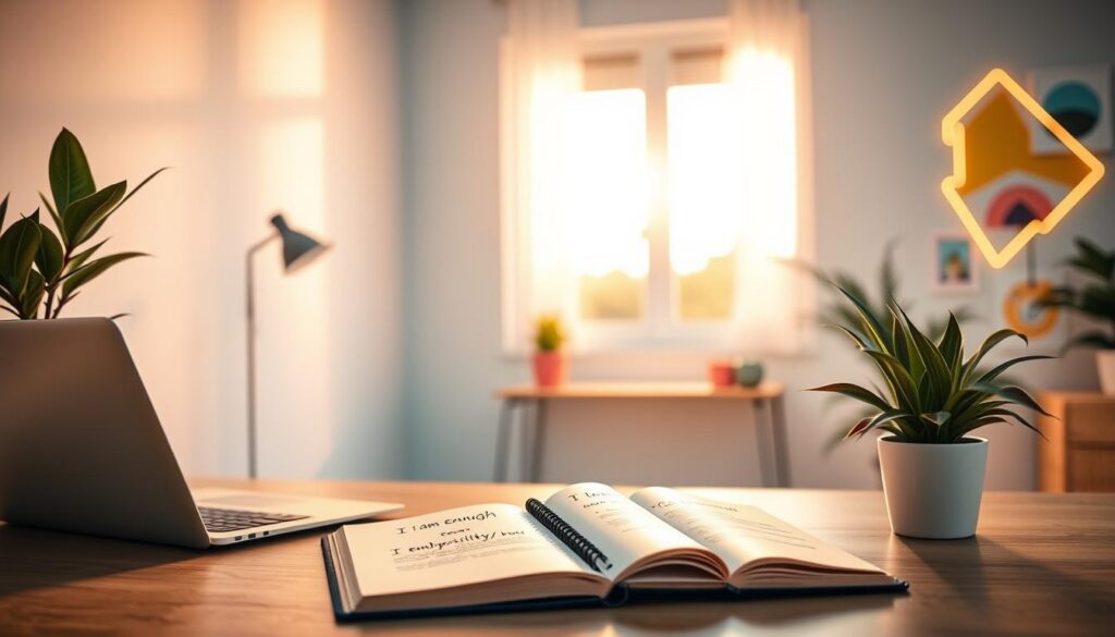 A serene and inspiring indoor space featuring a stylishly arranged desk set against a dreamy backdrop of pastel-colored walls. In the foreground, a well-organized desk with a sleek laptop, a potted plant, and an open notebook filled with beautifully written affirmations like "I am enough" and "I embrace positivity." The middle ground captures soft golden lighting filtering through a large window, creating a warm and uplifting atmosphere. The background showcases abstract wall art in neon colors, adding a contemporary touch. Incorporate elements of dreamcore with whimsical shapes subtly integrated into the decor. The mood is calm, motivational, and energetic, appealing to the adult Gen Z audience aiming to enhance their daily lives through positive affirmations. A serene and inspiring indoor space featuring a stylishly arranged desk set against a dreamy backdrop of pastel-colored walls. In the foreground, a well-organized desk with a sleek laptop, a potted plant, and an open notebook filled with beautifully written affirmations like "I am enough" and "I embrace positivity." The middle ground captures soft golden lighting filtering through a large window, creating a warm and uplifting atmosphere. The background showcases abstract wall art in neon colors, adding a contemporary touch. Incorporate elements of dreamcore with whimsical shapes subtly integrated into the decor. The mood is calm, motivational, and energetic, appealing to the adult Gen Z audience aiming to enhance their daily lives through positive affirmations.