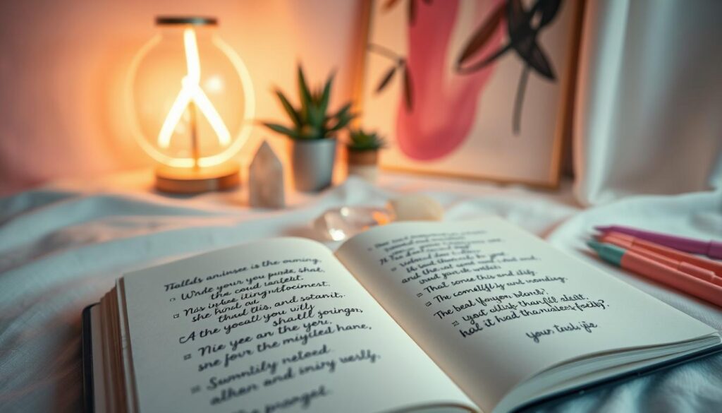 A serene and inspiring journaling scene focused on the 369 manifestation method. In the foreground, an elegantly designed journal lies open, revealing beautifully written affirmations in flowing handwriting, surrounded by pastel-colored pens. In the middle, a cozy workspace with a glowing neon lamp casting a soft light, underlining the dreamcore aesthetic. A crystal and a small plant add a touch of nature, symbolizing growth and positivity. The background showcases a softly illuminated wall with abstract art, infused with neon colors that create a calm yet vibrant atmosphere. The overall mood is motivational and peaceful, accentuated by a gentle bokeh effect, evoking inspiration for manifestation and self-reflection. A serene and inspiring journaling scene focused on the 369 manifestation method. In the foreground, an elegantly designed journal lies open, revealing beautifully written affirmations in flowing handwriting, surrounded by pastel-colored pens. In the middle, a cozy workspace with a glowing neon lamp casting a soft light, underlining the dreamcore aesthetic. A crystal and a small plant add a touch of nature, symbolizing growth and positivity. The background showcases a softly illuminated wall with abstract art, infused with neon colors that create a calm yet vibrant atmosphere. The overall mood is motivational and peaceful, accentuated by a gentle bokeh effect, evoking inspiration for manifestation and self-reflection.