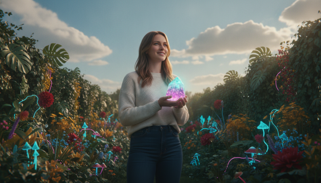 A serene and inspiring scene centered on the concept of a "daily luck mindset." In the foreground, a confident young adult Caucasian woman stands with a smile, dressed in smart casual attire, holding a glowing crystal in her hand symbolizing good luck. In the middle ground, a vibrant garden filled with lush green plants and colorful flowers radiates positive energy, reflecting an aura of abundance and optimism. The background features a bright blue sky with soft, fluffy clouds, illuminated by warm sunlight. The overall atmosphere is uplifting and dreamy, with a touch of dreamcore aesthetics enhanced by subtle neon colors. Use a shallow depth of field to focus on the woman while keeping the foliage slightly blurred, capturing the essence of daily luck manifesting in a modern life context.