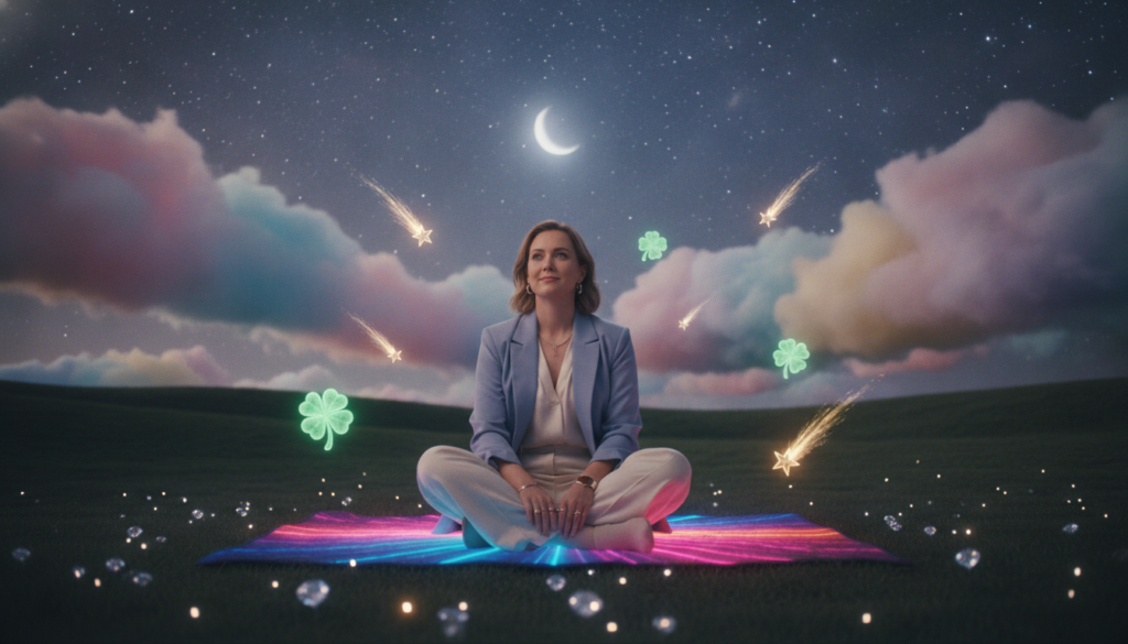 A serene and inspiring scene depicting a Caucasian adult Gen Z individual sitting cross-legged on a soft, vibrant, neon-gradient mat, surrounded by glowing symbols of luck like four-leaf clovers and shooting stars. In the foreground, soft twinkling lights enhance the atmosphere, while the middle features an array of dreamlike pastel clouds that evoke a sense of possibility and hope. The background includes a tranquil landscape with rolling hills under a starry night sky, casting a gentle, calming light over the scene. The individual is wearing professional yet stylish attire, embodying a supportive and positive mindset, with a soft, thoughtful expression. The overall mood is uplifting and dreamy, perfect for illustrating the theme of manifesting good luck. Use a soft focus lens to enhance the dreamy quality, with balanced lighting to create a surreal yet inviting ambiance.